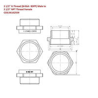 2.5 inch G BSPP to NPT female adapter dimension diagram — CSSL56162559 measurements