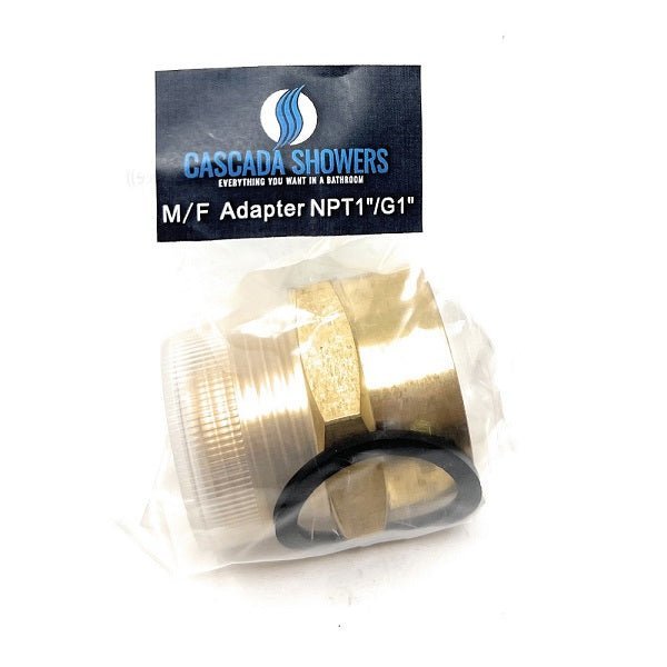 Brass M/F adapter NPT1/2"G1" in packaging with Cascada Showers label on a white background