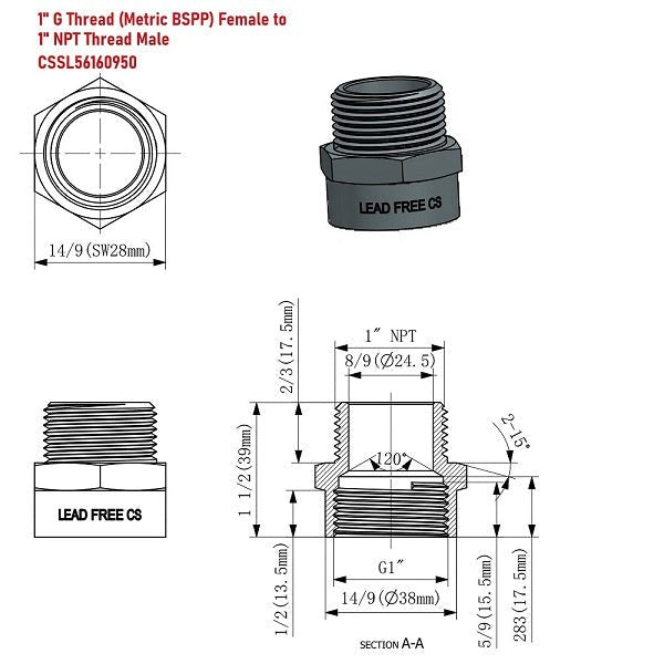 Technical drawing of plumbing fitting with dimensions and thread details.