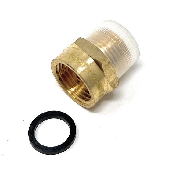 Brass plumbing fitting and black washer on a white background