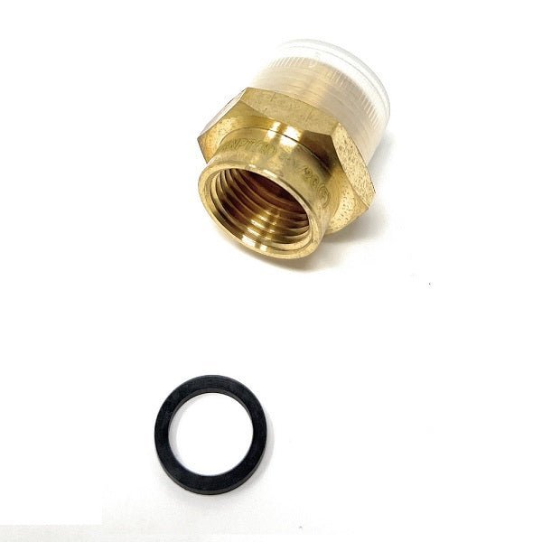 Brass fitting and black washer on a white background