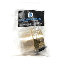 Brass plumbing adapter in clear packaging with Cascada Showers label on a white background