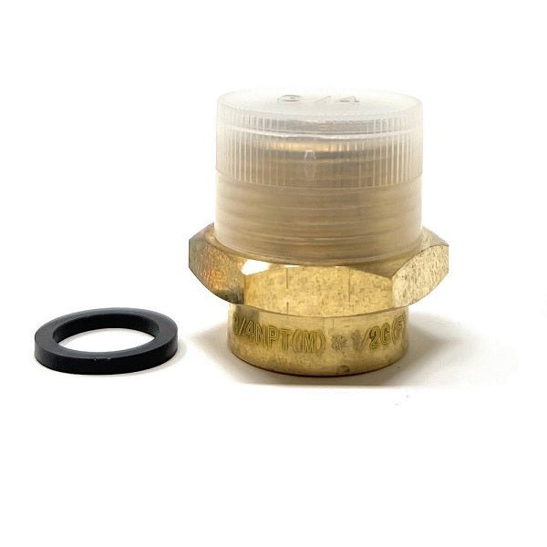 Brass fitting with a white plastic cap and black washer on a white background