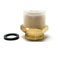 Brass fitting with a white plastic cap and black washer on a white background
