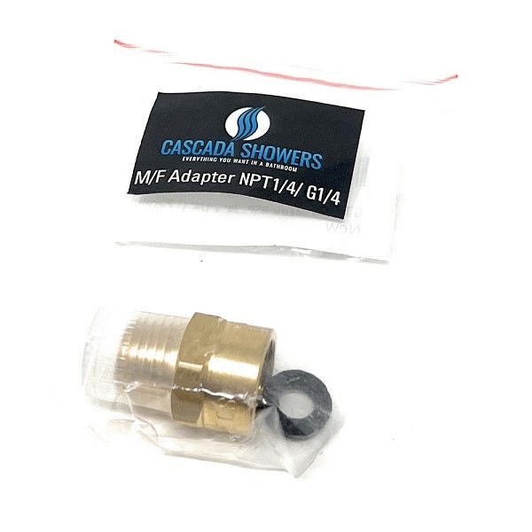 Brass M/F adapter with washer in clear packaging, branded 'Casasca Showers'.