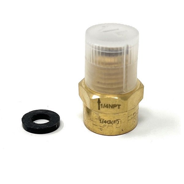 Brass valve with clear cap and black washer on a white background