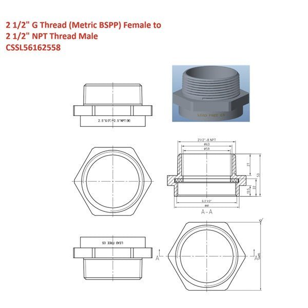 Technical drawing and diagram of a plumbing fitting with dimensions and specifications.