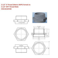 Technical drawing and diagram of a plumbing fitting with dimensions and specifications.