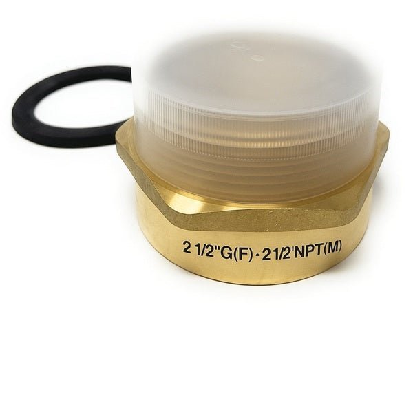 Brass fitting with G(F) and NPT(M) markings on a white background