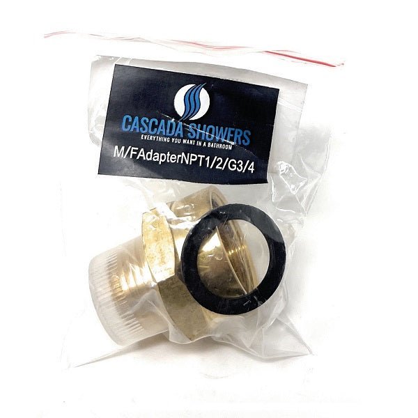Brass plumbing adapter and washer in a clear plastic bag with Cascada Showers label.