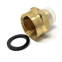 Brass fitting with a black washer on a white background