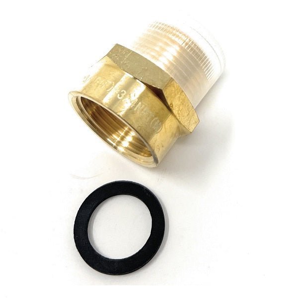 Brass fitting and black washer on a white background