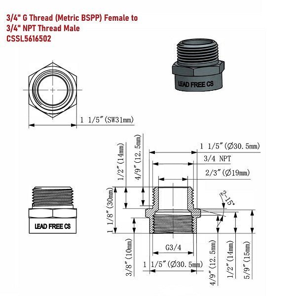 Technical drawing of a plumbing fitting with dimensions and specifications.