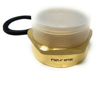 A brass 4-inch NPT male pipe fitting with a translucent white plastic cap and a black rubber O-ring