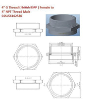 Technical drawing and diagram of a plumbing fitting with dimensions and details.