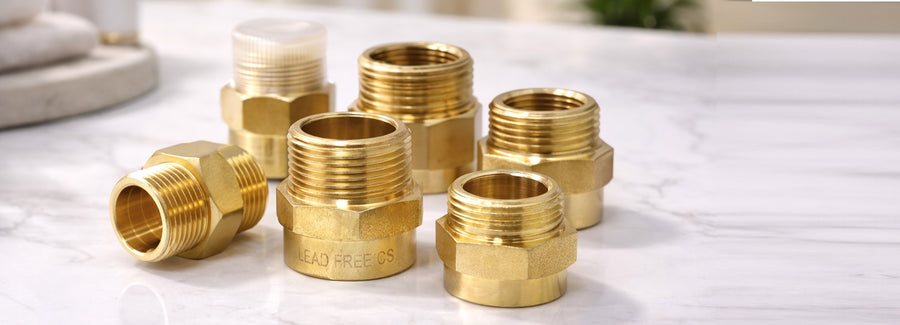 Set of brass plumbing fittings on a white surface