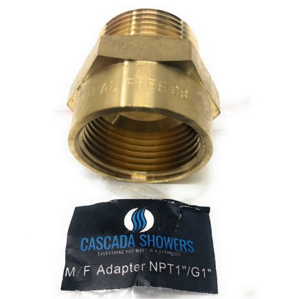 Brass plumbing adapter with a 'Casasca Showers' label on a white background