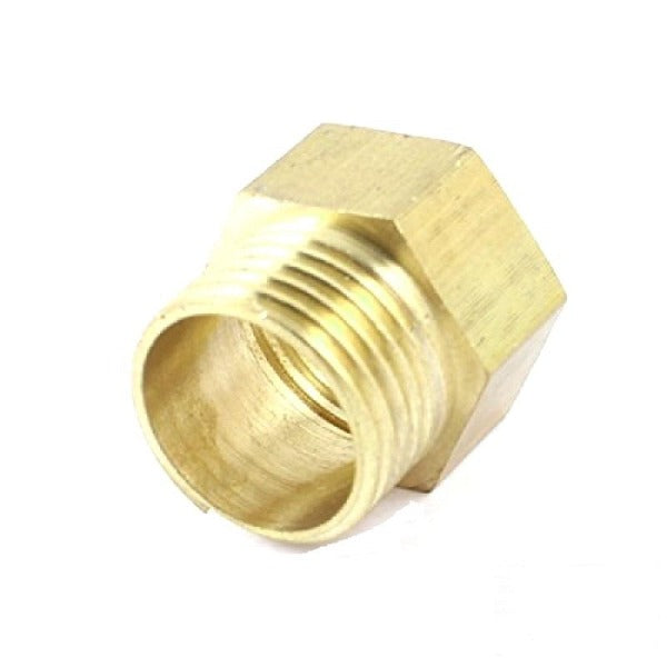 Brass hexagonal thread fitting on a white background