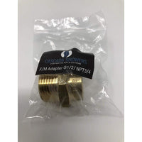 Brass F/M adapter in a clear plastic bag with Cascada Showers label on a white background