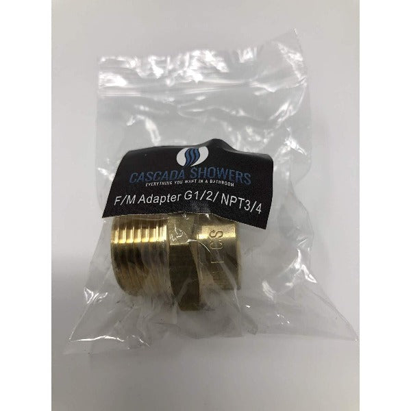 Brass F/M adapter in a clear plastic bag with Cascada Showers label on a white background