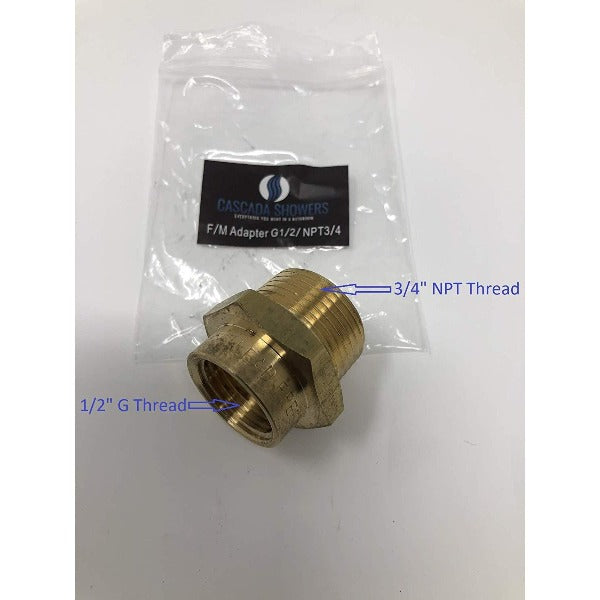 Brass plumbing adapter with labeled thread sizes on a white background