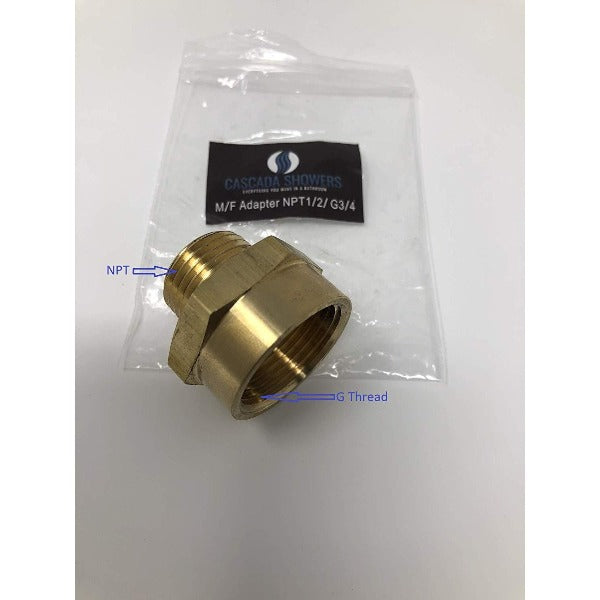 Brass adapter with 'Cascada Showers' packaging on a white background