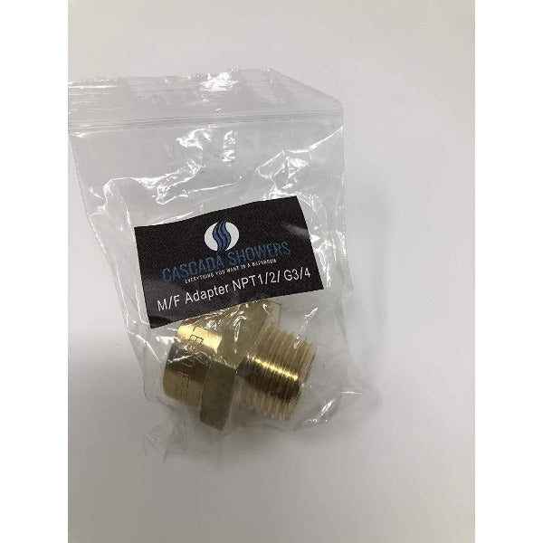 Brass M/F adapter in clear packaging with Cascada Showers label on a white background