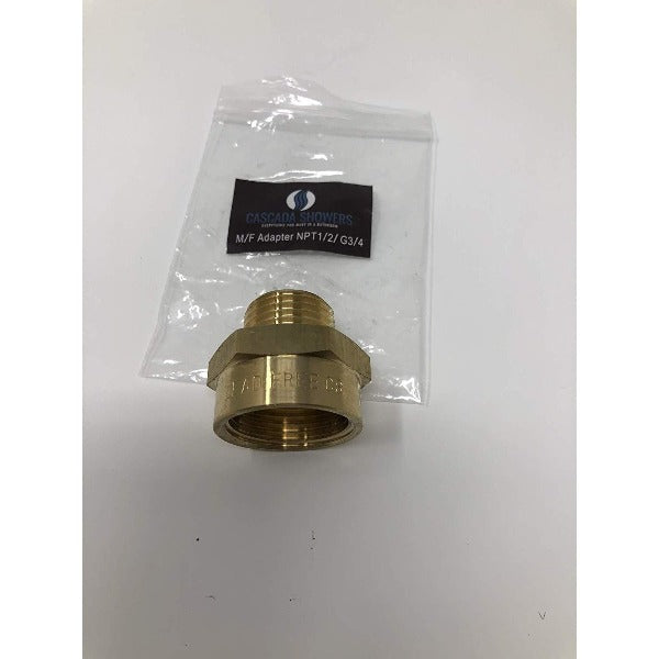 Brass plumbing adapter with packaging on a white background