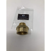 Brass plumbing adapter with packaging on a white background