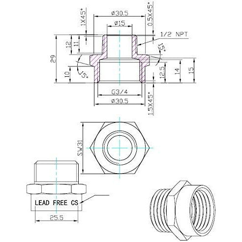 Technical drawing of a plumbing fitting with dimensions and specifications.