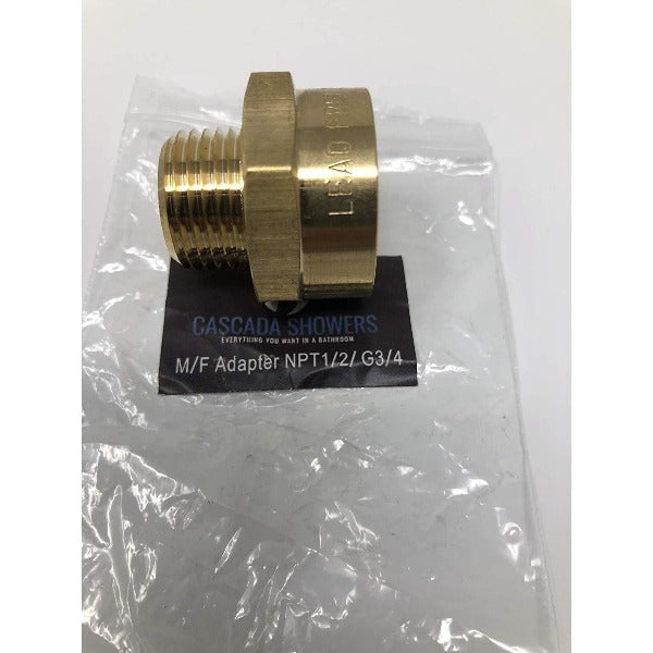 Brass M/F adapter on a clear plastic stand with 'Cascada Showers' label.