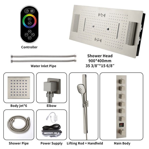 Genoa 16"x36" Brushed Nickel Music LED Digital Shower System By Cascada Shower - Cascada Showers