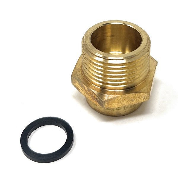 Brass fitting and black washer on a white background