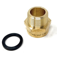 Brass pipe fitting and black washer on a white background