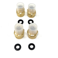 Four brass pipe fittings with translucent white plastic caps marked '1/4' NPT lead-free brass fitting adapter with washer screw-in installation