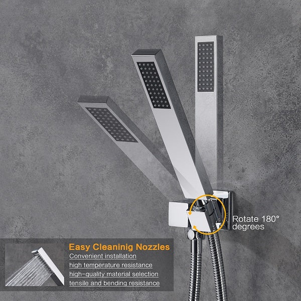 Rectangular top shower head showing rainfall and waterfall spray pattern