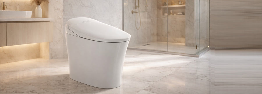 Modern white toilet in a bathroom setting with tiled walls and floor.