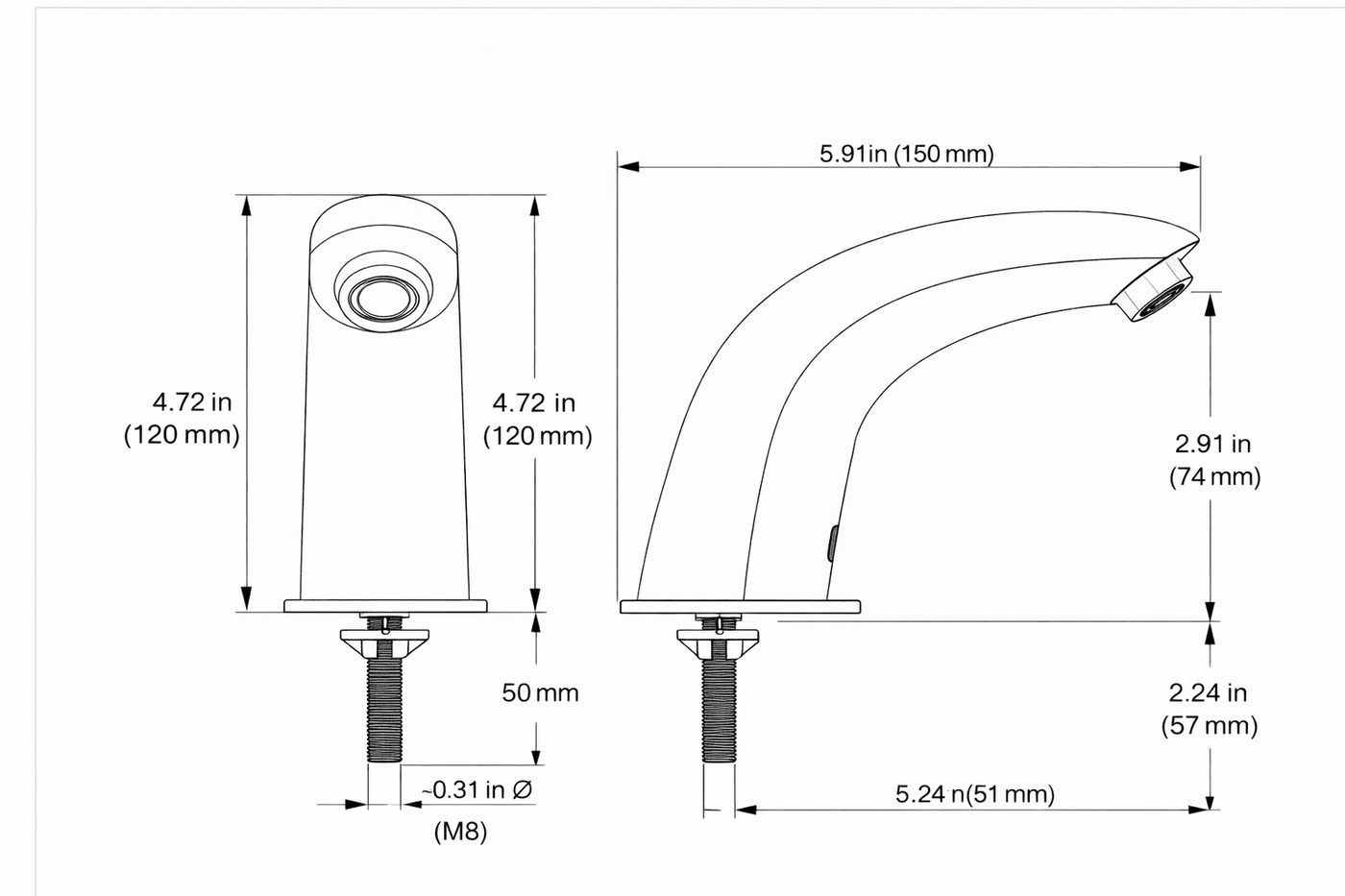 Technical drawing of a faucet with dimensions labeled