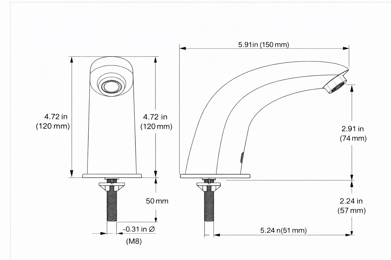 Technical drawing of a faucet with dimensions labeled