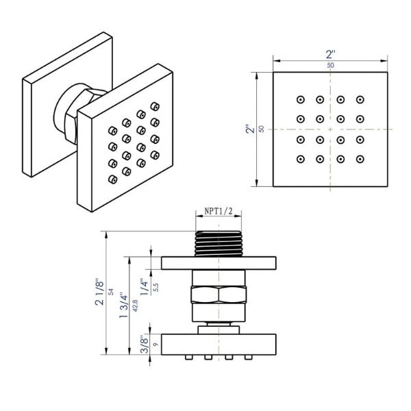 Technical drawing of a shower head and its components 
