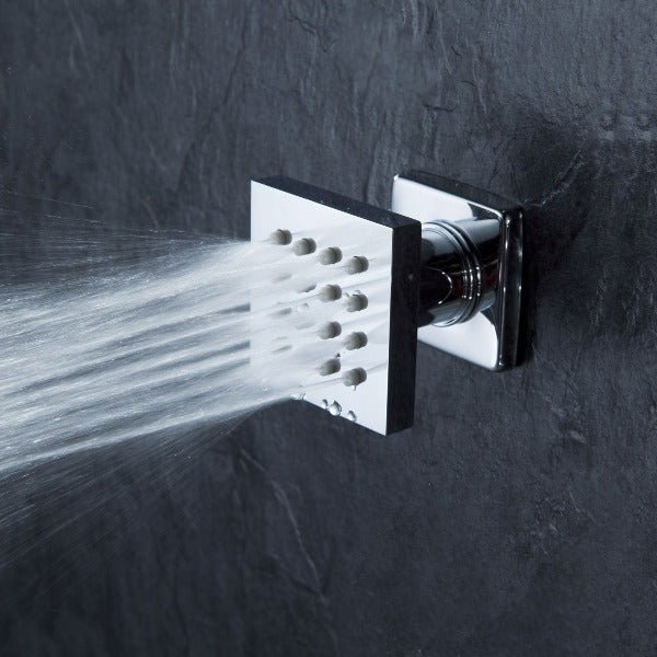Cascada Bathroom Shower Set with Luxury 10" Water Power LED Shower Head (Ceiling Mount) Rainfall, Regular Valve, 6 Massage Jets Spray Body Shower Set, Chrome Finish 10" Luxury Rainfall LED Square Shower Set, Massage Jets Spray - Cascada Showers shower leds, shawer led, lighted shower head, shower had led, led showerheads, showerhead with lights, color shower head