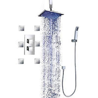 Cascada Bathroom Shower Set with Luxury 10" Water Power LED Shower Head (Ceiling Mount) Rainfall, Regular Valve, 6 Massage Jets Spray Body Shower Set, Chrome Finish 10" Luxury Rainfall LED Square Shower Set, Massage Jets Spray - Cascada Showers shower leds, shawer led, lighted shower head, shower had led, led showerheads, showerhead with lights, color shower head