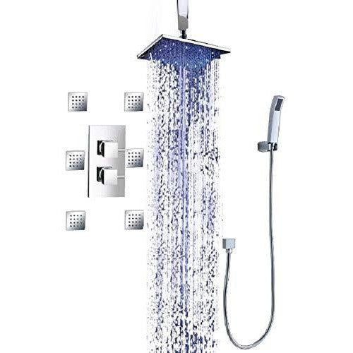 Cascada Bathroom Shower Set with Luxury 10" Water Power LED Shower Head (Ceiling Mount) Rainfall, Regular Valve, 6 Massage Jets Spray Body Shower Set, Chrome Finish 10" Luxury Rainfall LED Square Shower Set, Massage Jets Spray - Cascada Showers shower leds, shawer led, lighted shower head, shower had led, led showerheads, showerhead with lights, color shower head