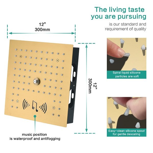 Cascada Luxury 12” Music LED shower system with built-in Bluetooth Speakers, 4 functions (Rainfall, Misty, Body jets & HandShower) & Remote Control 64 Color Lights cascada system LED bluetooth shower head speaker hot cold music rain rainfall musical lights showerhead body spray jet waterfall misty ceiling mounted handheld high pressure multicolor holder thermostatic chrome oil rubbed bronze mixer remote control