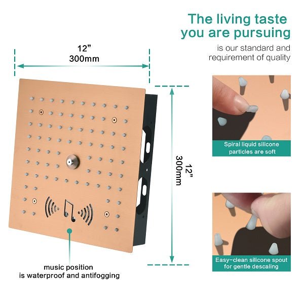 Cascada Luxury 12” Music LED shower system with built-in Bluetooth Speakers, 4 functions (Rainfall, Misty, Body jets & HandShower) & Remote Control 64 Color Lights cascada system LED bluetooth shower head speaker hot cold music rain rainfall musical lights showerhead body spray jet waterfall misty ceiling mounted handheld high pressure multicolor holder thermostatic chrome oil rubbed bronze mixer remote control