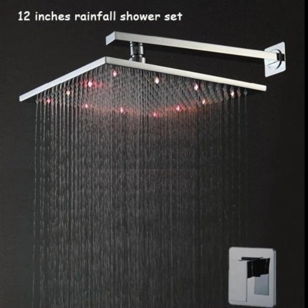 12” Rainfall Shower Set Head, Wall Mount Shower Arm - Brass Shower Head