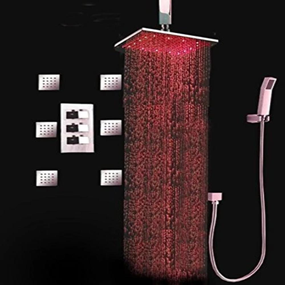 12" Square Ceiling Mount Luxury LED Rainfall Shower Set Brushed Nickel - Cascada Showers