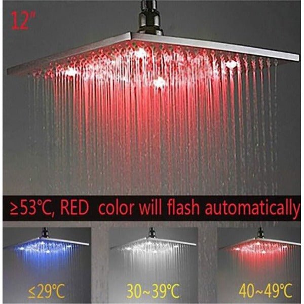 12" Square Rainfall LED Shower Head Stainless Steel with Chrome Finish - Cascada Showers