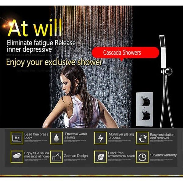 Cascada Luxurious 14" x 20" Large Multicolor LED Shower System with Color Changing Remote Controller & 3-Way Shower Mixer (Rainfall, 6 Massage Jets Spray Body and Hand Shower) shower head with handheld rain multicolor led rainfall 3 knob valve handle shower head high pressure black handheld system holder 6 massage jets body gold kit chrome oil rubbed bronze mixer modern ceiling mount 3 way thermostatic square shower system