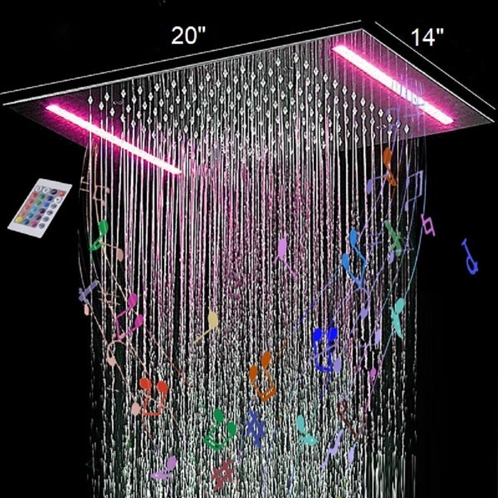 Cascada Luxury 14" x 20" Square Ceiling Mounted LED Shower System With 2-Way Thermostatic Valve (3 knobs), 2 Mode Function (Rainfall & Handheld Shower) shower head with handheld rain White LED & NON LED rainfall 3 valve handle shower heads high pressure black hand held system holder matte fixtures gold kit chrome oil rubbed bronze mixer modern ceiling mount 2 way thermostatic square showers system